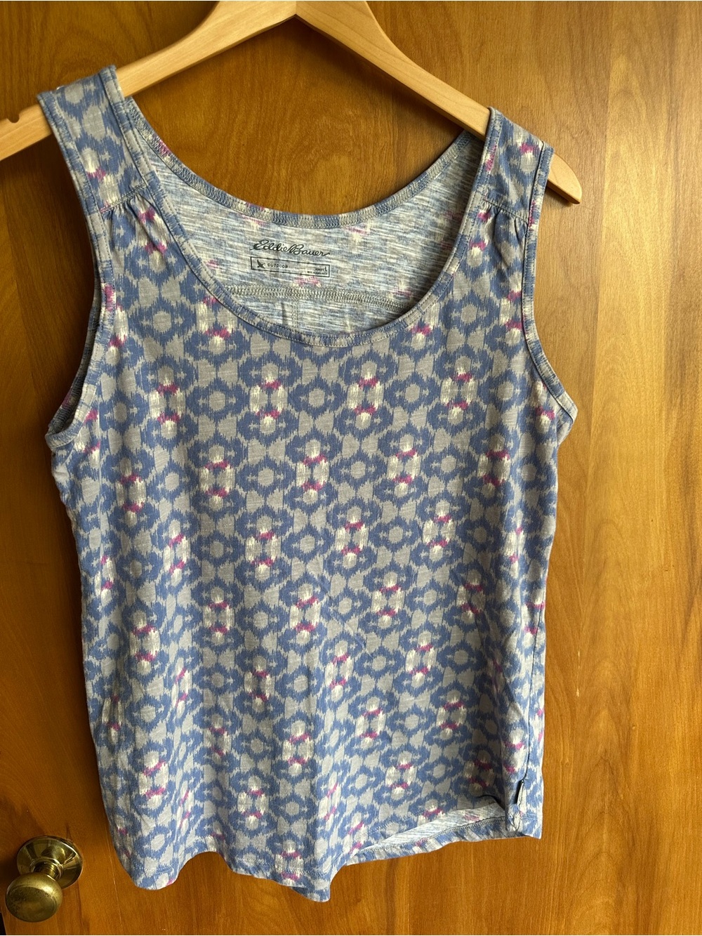 Eddie Bauer Light Blue Patterned Sleeveless Tank with Pink Accents